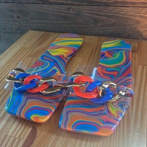 Colorful Marbled Slide Sandals Clear Strap Gold Chain Rainbow Swirl Fluid Sz 8.5